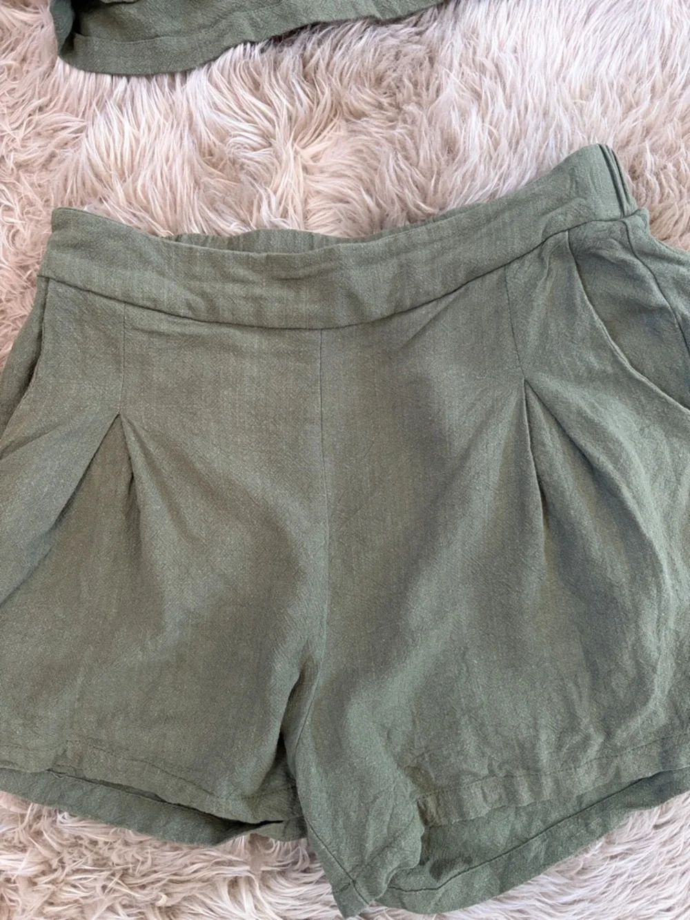Olive Green Women's Linen Blend Short and Tank Set- Classic High-Waist Style - Picture 2 of 5